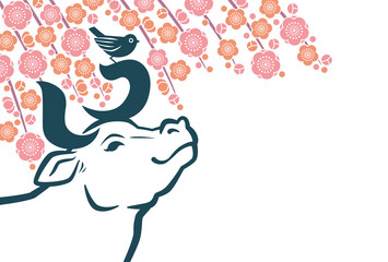 年賀状　2021　丑年　鳥と「うし」の文字が角になった牛と梅の背景	