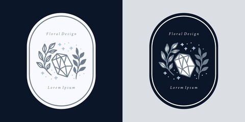 Hand drawn vintage blue crystal, gems, floral logo template, and feminine beauty brand element in elegant and minimal style