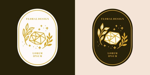 Hand drawn vintage gold crystal, gems, floral logo template, and feminine beauty brand element in elegant and minimal style