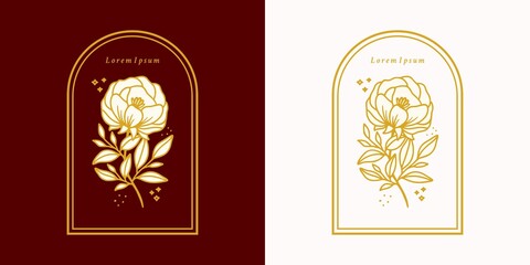 Hand drawn vintage botanical rose flower logo template and feminine beauty brand element in elegant and minimal style