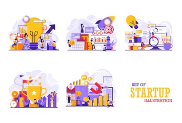 A collection of tiny people illustration concept designs with the theme of startup and activities in it. Vector illustration
