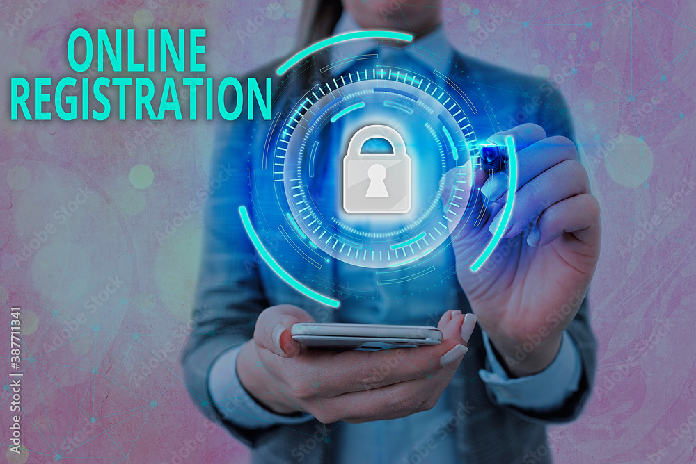 Fototapete Text sign showing Online Registration. Business photo text System for subscribing or registering via the Internet Graphics padlock for web data information security application system