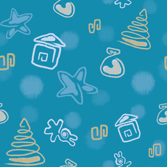 Seamless new year background with Christmas trees, houses, presents, toys and stars.