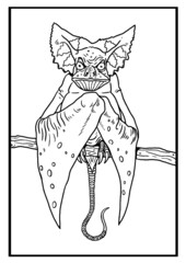Bat monster. Fantasy creature vector drawing. Halloween monster coloring template.