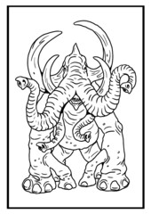 Fantasy elephant with big tusks vector drawing. Monster mutant coloring template.	