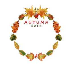 Autumn. Cute frame, wreath with watercolor autumn leaves and hand-drawn word autumn and sale