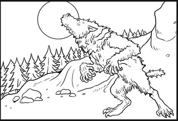 Werewolf howls on moon drawing. Fantasy monster coloring template.
