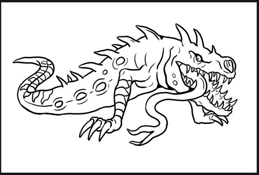 Fantasy monster drawing. Mutant crocodile coloring template.

