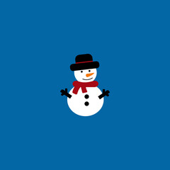 Snowy cute snowman. Festive and Christmas greeting card. Flat design.