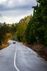 Car driving on a tree-lined secondary road in the colors of autumn.
