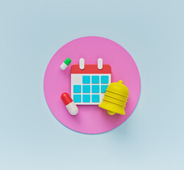 medicine schedule, reminder, notification concept. pills, calendar, bell icon. 3d rendering