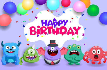 Fototapeta premium Birthday vector background template. Happy birthday text with party elements like confetti and balloon with creepy cute monsters creature characters for kids celebration design. Vector illustration.