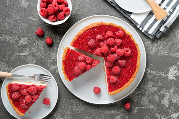 Tart , pie , cake with jellied fresh raspberries ( no bake cheesecake) top view	