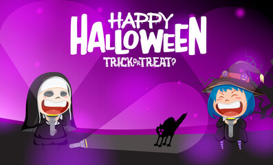 Obraz premium Halloween kids party vector background design. Happy halloween text with kid costume horror characters like witch, nun and cat silhouette for trick or treat party. Vector illustration.