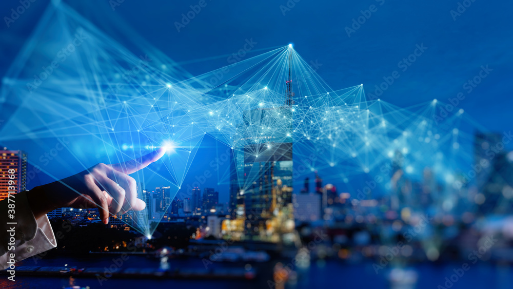 Aufkleber woman hand touching wireless network and connection technology elements covering on abstract buildin