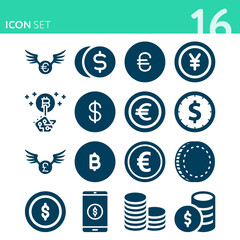 Simple set of 16 icons related to metal money