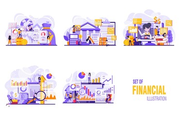 Fototapeta premium Financial or business profession set. IPO specialist, financial consultant, underwriter, financial analysis, financial research Vector illustration. Vector illustration