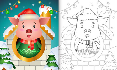 coloring book with a cute pig christmas characters using santa hat and scarf inside the house