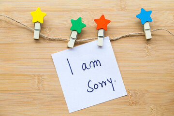 i am sorry message card handwriting with star stick and rope arrangement flat lay postcard style on...
