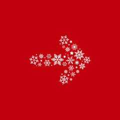 white right arrow made of snowflakes and stars. Vector icon isolated on red background.