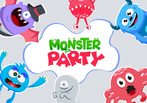 Monster party vector banner template. Monster party text with creepy creature characters like alien, octopus, goblin and snail for kids horror celebration greeting card. Vector illustration.