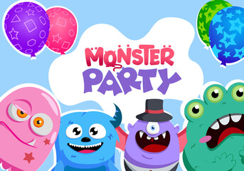 Monster party birthday vector banner template. Monster party text in white space with creepy creature character like alien, devil and squid with party balloon element for celebration design.
