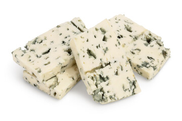 Blue cheese slices isolated on white background with clipping path and full depth of field.
