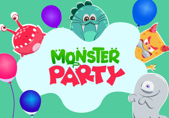 Monster party celebration vector banner design. Monster party text with creepy creature characters like devil, sealion, alien and snail for kids birthday celebration greeting card design.