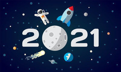 Flat space theme illustration for calendar. The astronaut and rocket on the moon background. 2021 Happy New Year cover, poster, flyer.