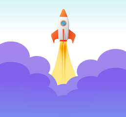 Rocket taking off launch or start flight vector flat cartoon illustration colorful, missile ship flying up in the sky