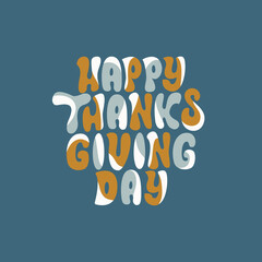  Happy thanksgiving day poster in flat colorful style on blue background. Modern design for card, banner, typography. Scandinavian style. Vector illustration