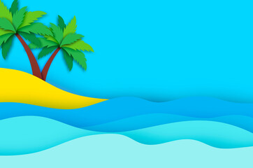 Fototapeta na wymiar Tropical island. Seaside landscape in paper cut style. Nobody under the green palm trees on Seashore. Time to travel. Tropical beach. Summer holidays. Vector