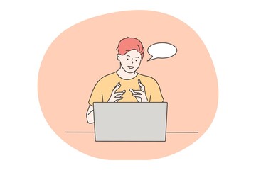 Communication, online, business, discussion, recruitment concept. Young businessman freelancer student candidate speaking talking on job interview. Online meeting digital hr management and hiring.