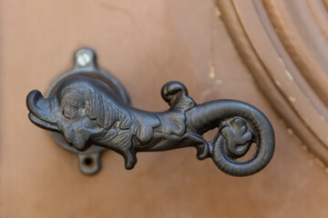 beautiful vintage metal door handle on the door brown