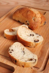 Ciabatta with black olives. Italian white bread.