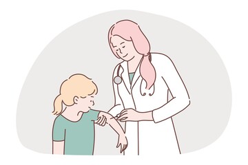 Health, care, vaccination, medicine, coronavirus, infection concept. Woman doctor nurse injecting vaccine syringe to girl child kid from covid19 disease. Virus or flu preventive measures illustration.