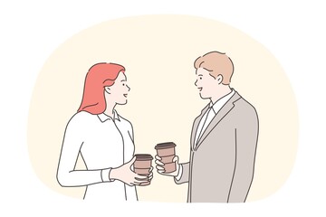 Obraz premium Business, break, communication, conversation, friendship concept. Businessman woman clerk manager friends colleagues talking drinking coffee tea at office together. Interaction meeting on lunch time.