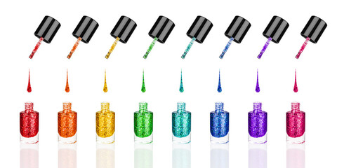 Colorful glitter nail polish glass bottles, brush & drop set white background isolated close up, sequin varnish open container collection, rainbow sparkles enamel, shiny lacquer, shimmer gel, cosmetic