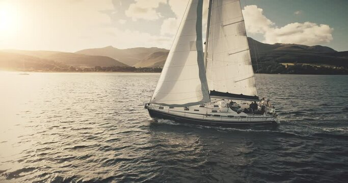 Aerial slow motion of yacht regatta sailing at sun reflection on ocean coast. Mountainous island of Arran shore with white sail boat. Nobody Scotland seascape of luxury lifestyle cinematic drone shot