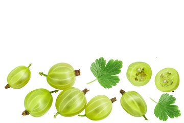 Green gooseberry isolated on white background with clipping path and full depth of field. Top view with copy space for your text. Flat lay - obrazy, fototapety, plakaty