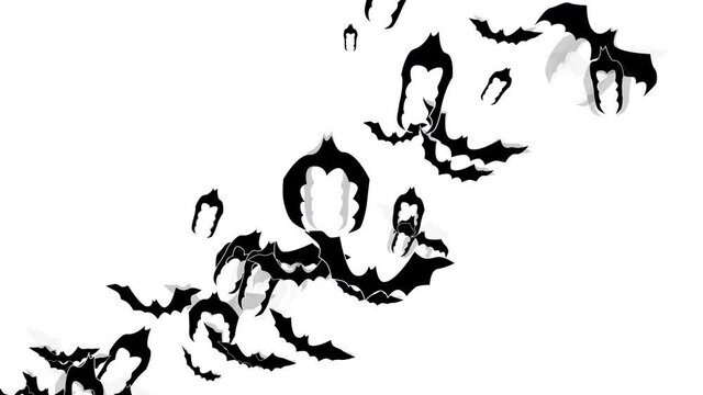 Flock of bats crossing the screen on a white background