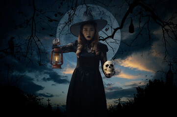 Halloween witch holding ancient lamp and skull standing over cross, church, crow, bat, birds, dead...