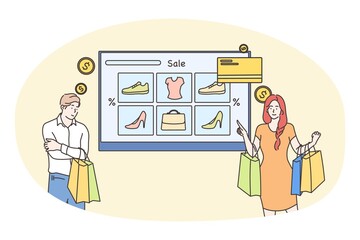 Technology, promotion, marketing, shopping, sale concept. Young couple man and woman customers buyers choosing garment clothes making payment online. Web catalogue and digital purchase illustration.