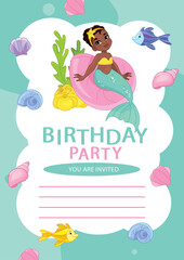 Beautiful Mermaid Underwater world with fish. Birthday party invitation card template
