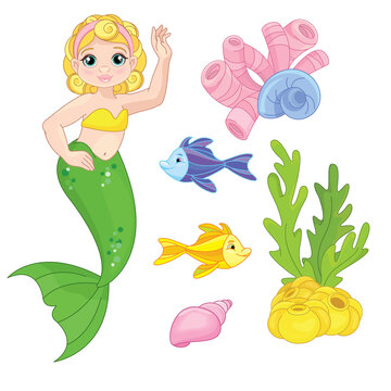 Collection of marine inhabitants in the cartoon style of children. Vector set with sea animals and a mermaid