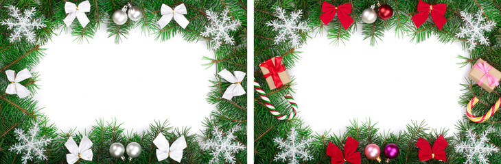 Naklejka na ściany i meble Christmas frame decorated isolated on white background with copy space for your text. Top view.