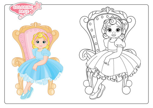 Beautiful Baby Girl Sitting On A Throne coloring page on white background