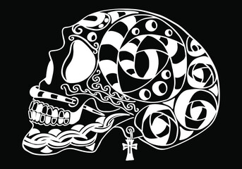 Mexican holiday Day of the Dead Celebration Festival and Halloween. Sugar skull  for poster, card, print, emblem, sign, tattoo, t-shirt. background. .  Black and white vector illustration 

