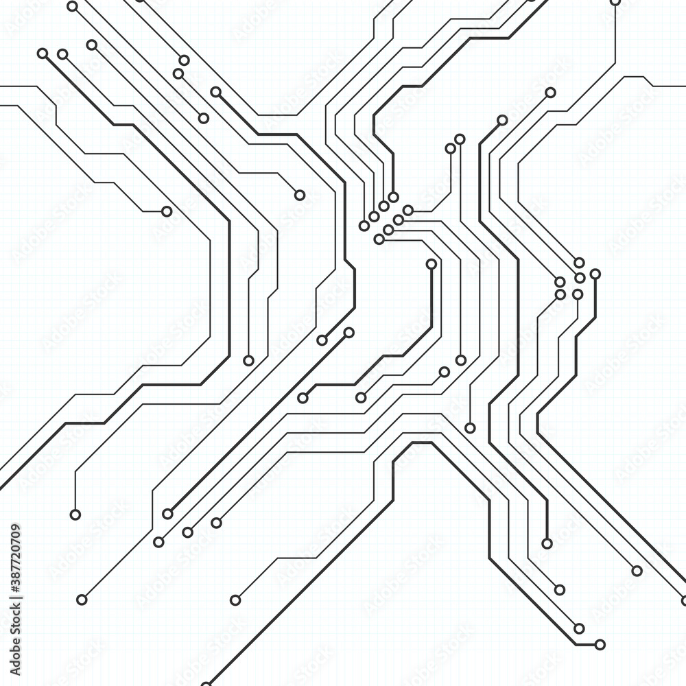 Poster Circuit Board Technology Electronic Scheme Pattern Abstract Background. PCB Trace Black And White Engineering Data Communication Concept Vector.
