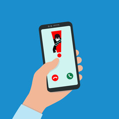 A Hacker Hacks A Smartphone. Spam Call to your Smartphone. The concept of spam data, insecure connection, online fraud and malware through fake calls, phishing, social engineering. 
